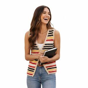 Vintage Colorful Stripe Crochet Knit Vest Boho Cottagecore Small